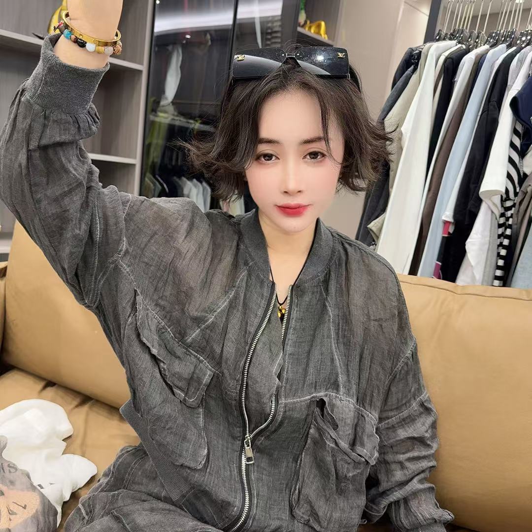 春姐精选：时尚新款女装夏季薄款苎麻烟灰色短外套8666