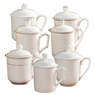 骨瓷会议杯金边茶杯陶瓷带盖水杯办公用介杯刻字商务定制logo定制