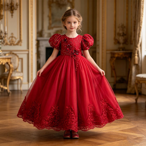 现货新款女童晚礼服蕾丝亮片公主裙钢琴演出连衣裙children dress