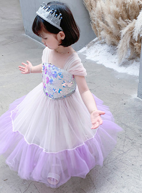 女童2025夏冰雪奇缘网纱无袖连衣裙紫色网纱公主裙儿童礼服表演裙