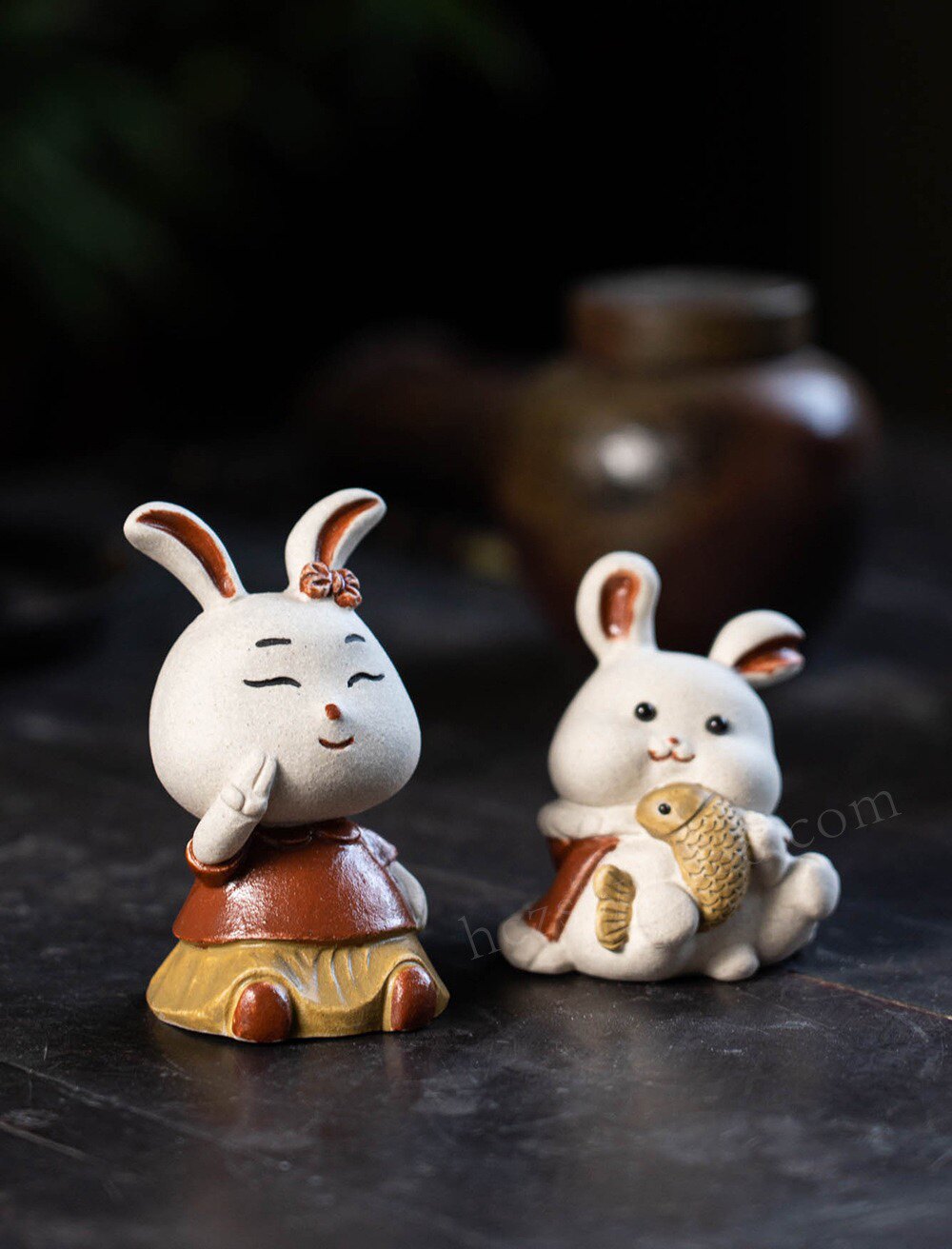 宜兴紫砂兔子茶宠十二生肖茶玩茶盘摆件雕塑茶具配件年年有鱼