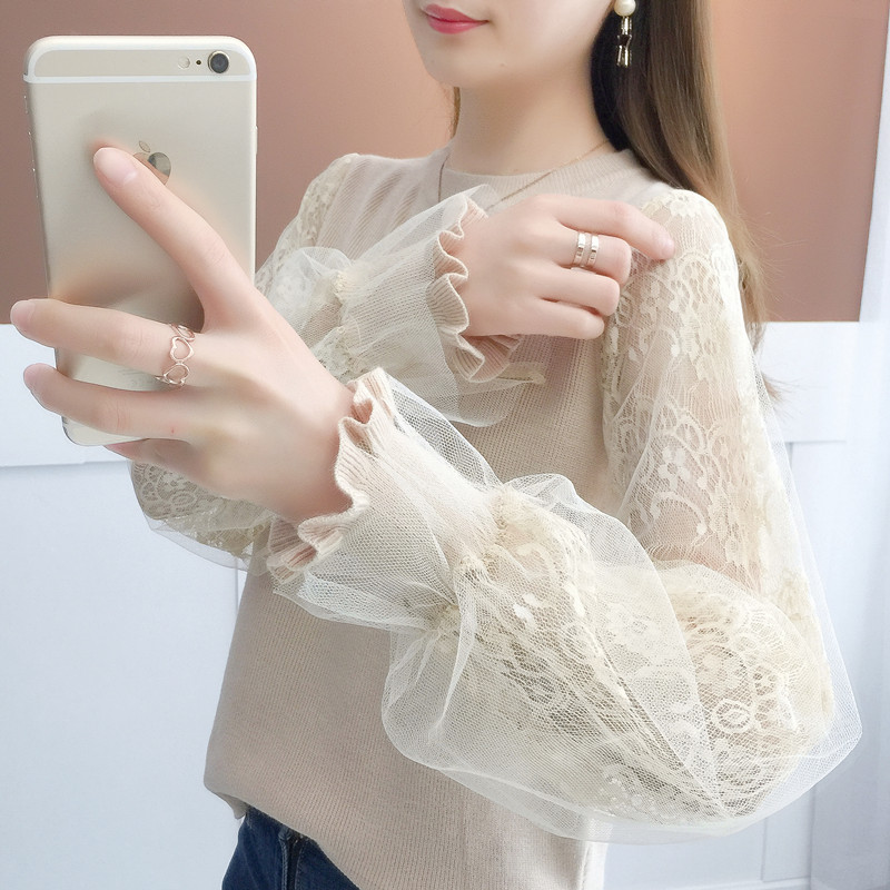 2023新款蕾丝袖低领加绒秋冬打底衫针织上衣女洋气毛衣宽松外穿潮