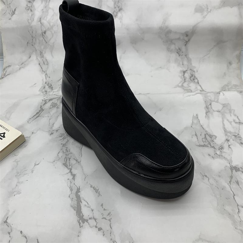 2024秋冬新款真皮松糕底弹力靴小个子厚底增高裸靴一脚蹬袜子靴女