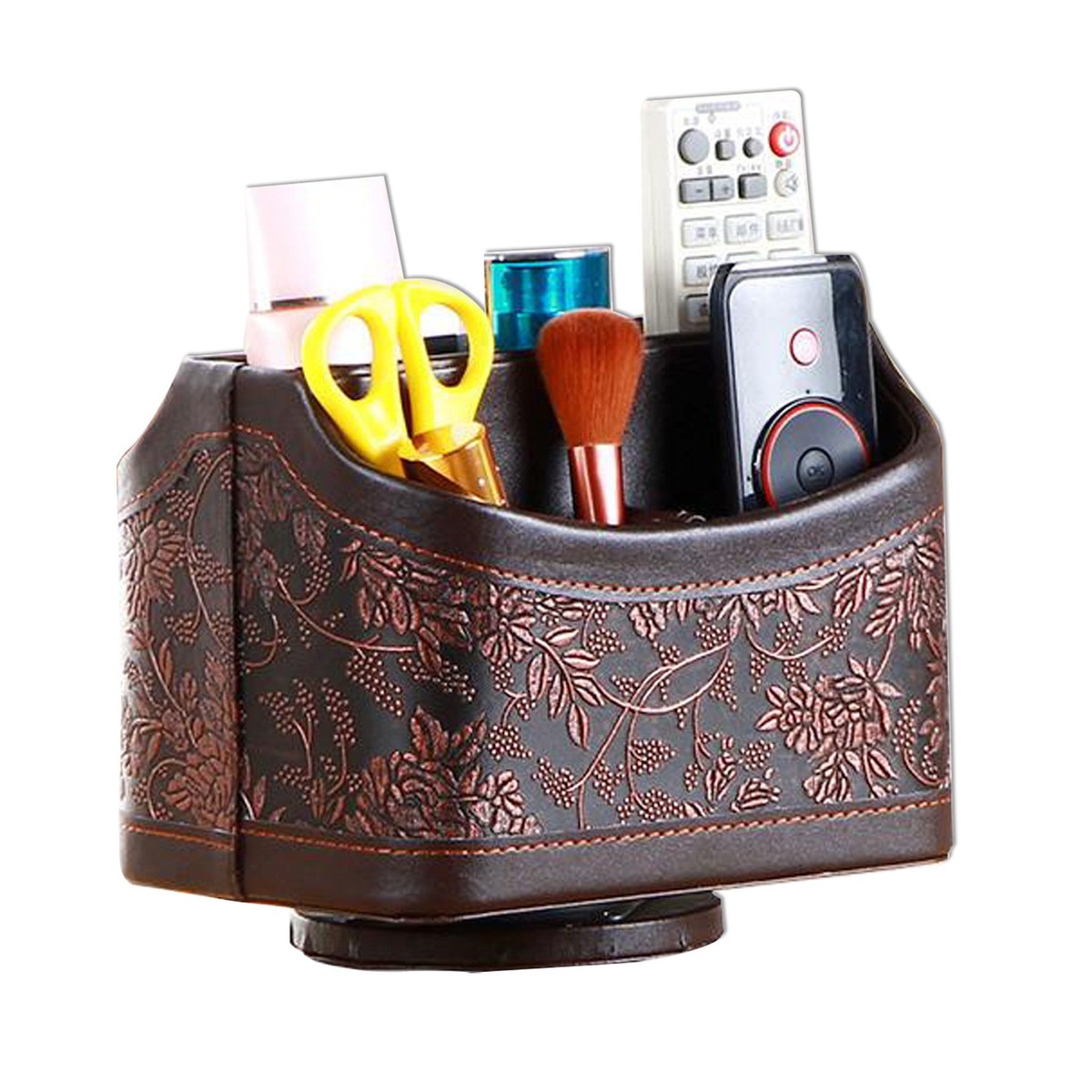 多用桌面收纳盒组织者360度旋转手机遥控文具盒皮革笔筒商务
