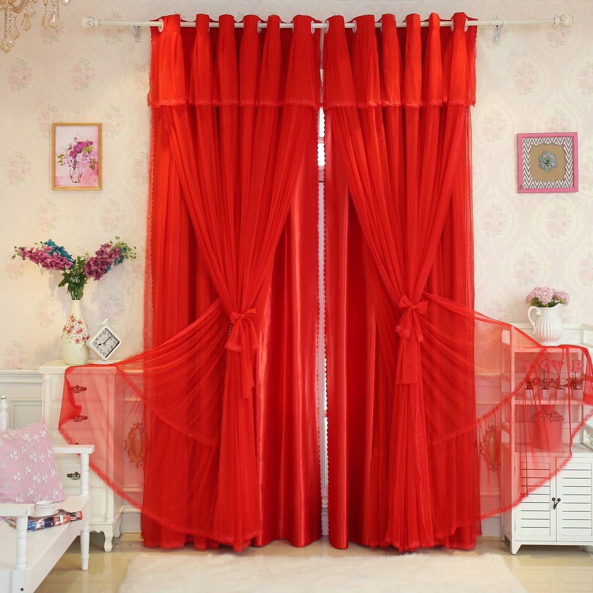 热销梦幻婚房窗帘喜庆大红色遮光布帘蕾丝卧室简约现代高档公主风