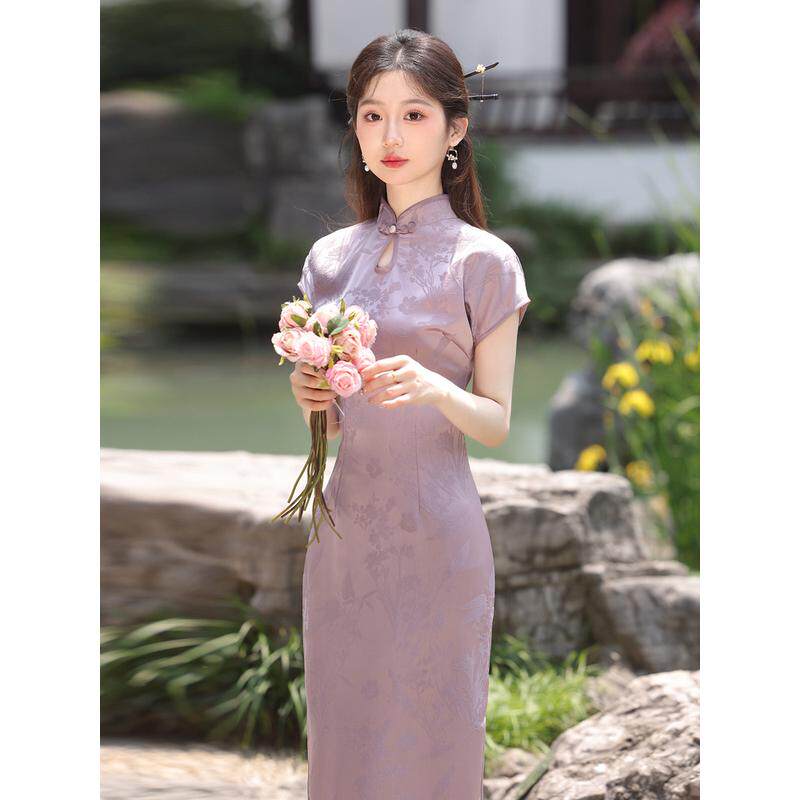 新中式改良紫色提花年轻款少女长款