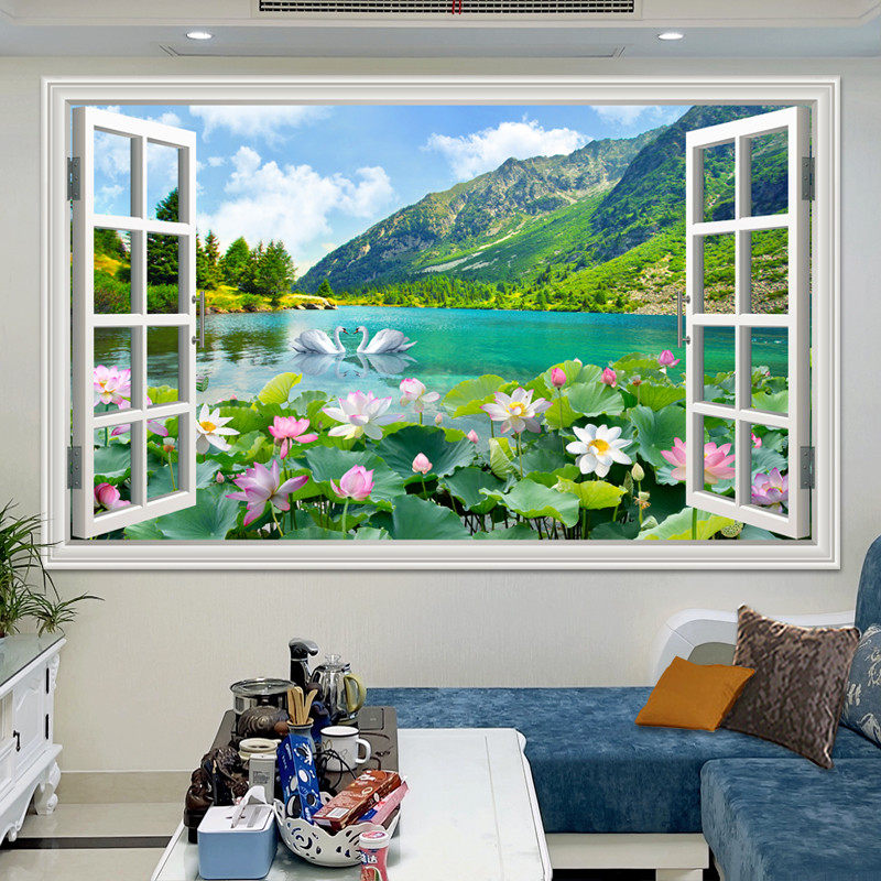 假窗户海报3d出租房背景3D平面墙壁背景墙立体贴画简约墙贴风景画