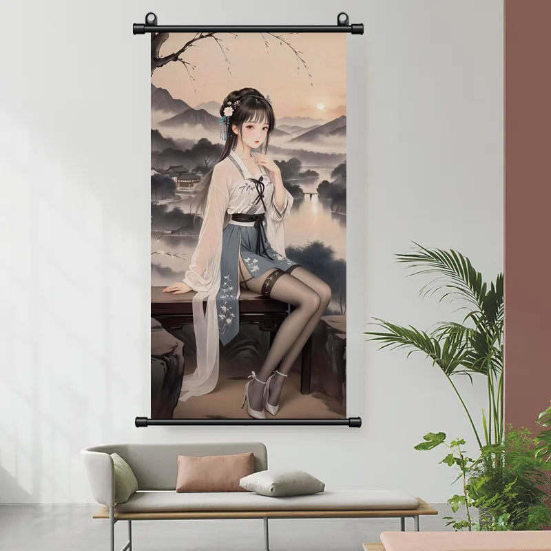 日暮望溪图丝袜黑丝图恶搞挂画卷轴搞笑字画水墨宿舍卷轴挂画礼物