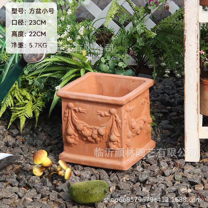 外贸高浮雕盆桶盆红泥陶盆高盆田园大口盆陶盆罗马盆粗陶透气红