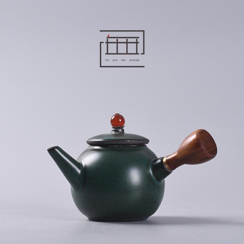 日式木柄侧把壶粗陶窑变绿釉茶具泡茶壶创意手工陶瓷单壶急须壶