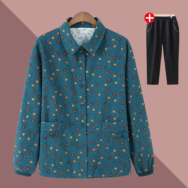 中老年人秋装女奶奶长袖衬衫全棉妈妈薄款60岁70老人休闲