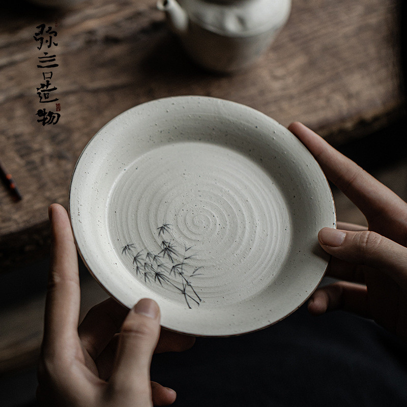 弥言诧寂风粉引干泡壶承复古手绘墨竹盖碗茶壶垫茶点盘粗陶小茶盘