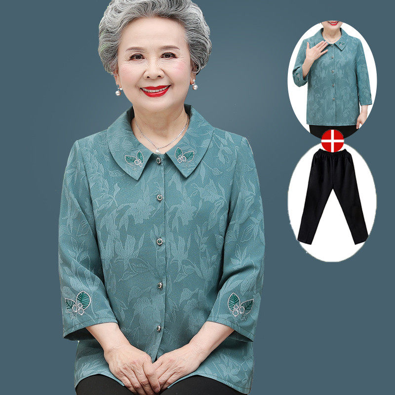 老年夏装衬衫女奶奶中袖妈妈气质衬衣老人套装薄