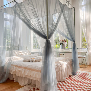69n新款简约防尘绑绳蚊帐家用卧室宫廷落地式支架法式三开门顶款