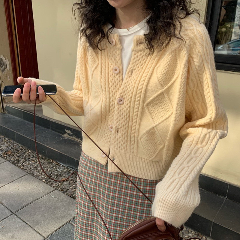 麻花毛衣女宽松外穿春秋季韩版慵懒百搭开衫短款加厚