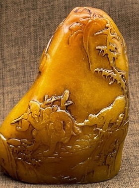 古玩收藏仿玉石原石寿山石雕老旧田黄色天伦之乐随型摆件