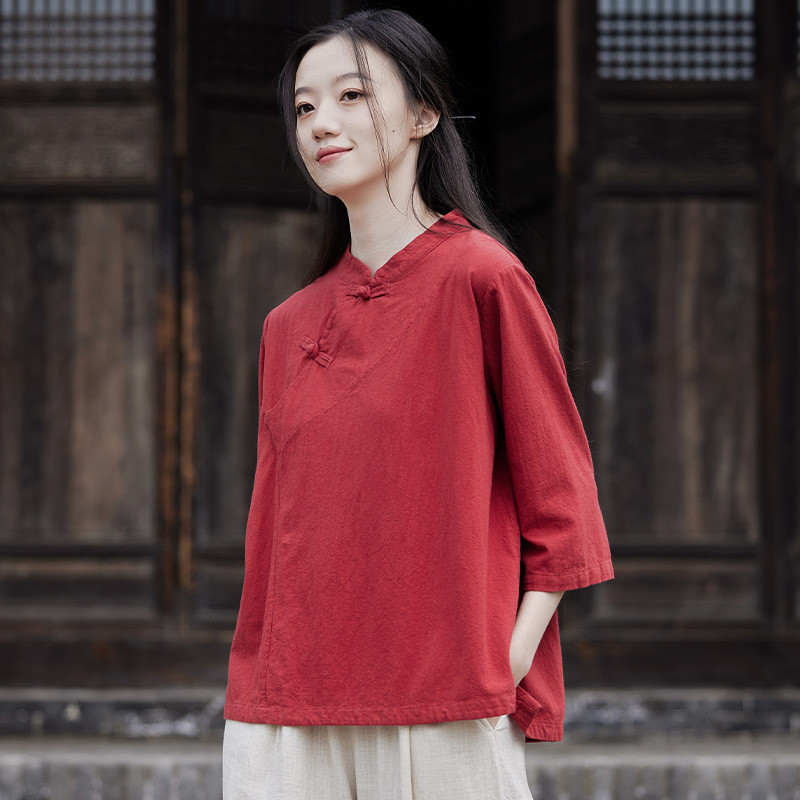 新品2025春夏新品棉麻女装新中式拼接盘扣立领上衣衬衫女禅意茶服