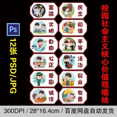 幼儿园小学校园社会主义核心价值观墙绘文化墙围墙画PSD素材插画