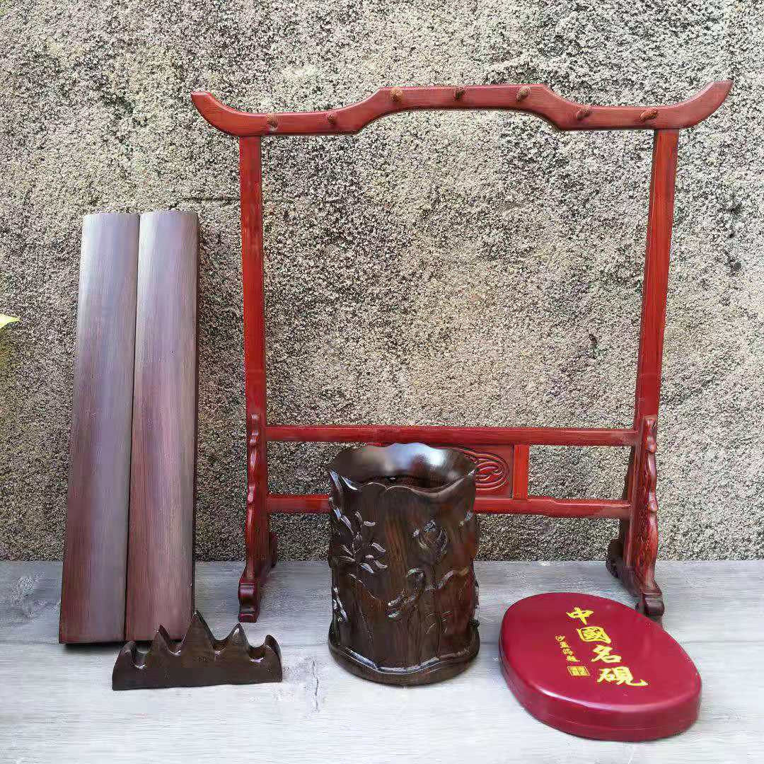 厂家直供黑檀木雕文房五宝套装镇尺笔筒笔架书法摆件砚台礼品批发