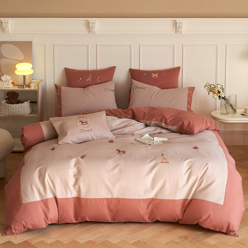 小清新秋冬100支全棉床上用品四件套少女心花卉刺绣被套加厚磨毛