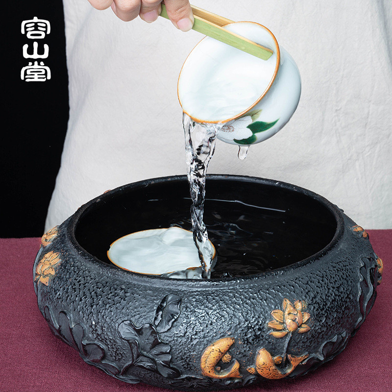 容山堂苏韵铸铁鎏金茶洗鱼戏荷花大号铁茶渣桶茶具配件水盂笔洗