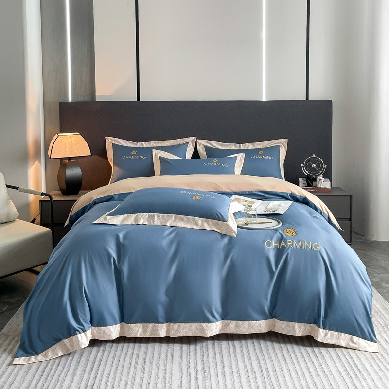 热销高级感刺绣夏床上用品简约磨毛被子学生宿舍床单三件套被套四