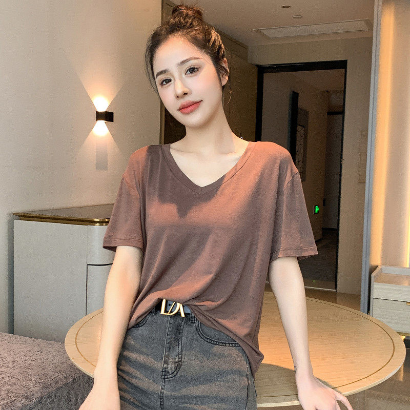 速发高品质黑色短袖t恤女2025新款V领莫代尔冰丝面膜体恤薄款垂感