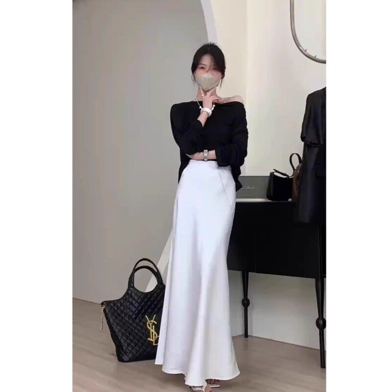法式高级感白色缎面女夏季长款A字裙丝滑鱼尾包臂