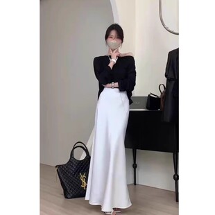 A字裙丝滑鱼尾包臂 长款 法式 高级感白色缎面女夏季