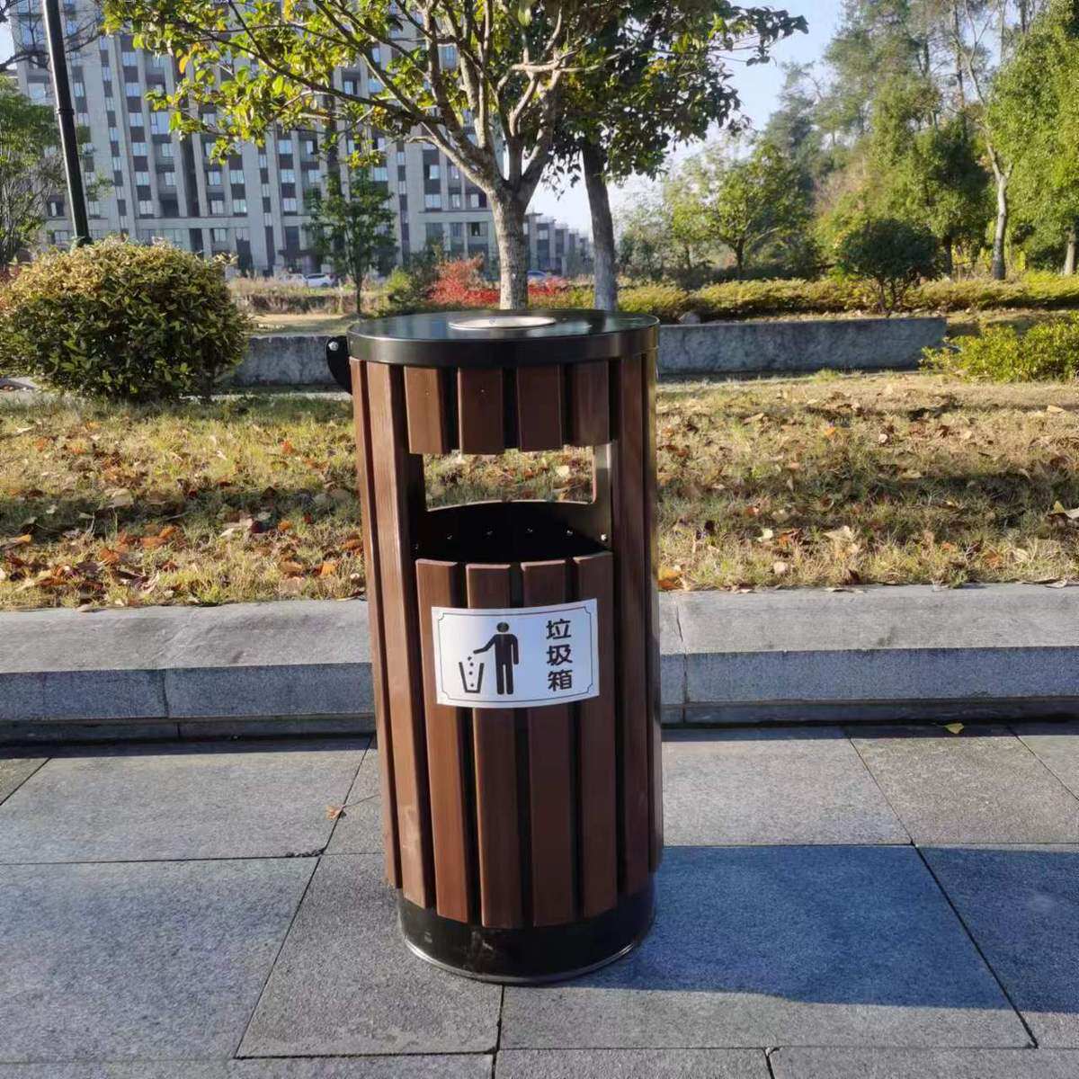 防腐木景区分类垃圾箱环卫户外广场园林景观环卫垃圾桶钢木圆桶