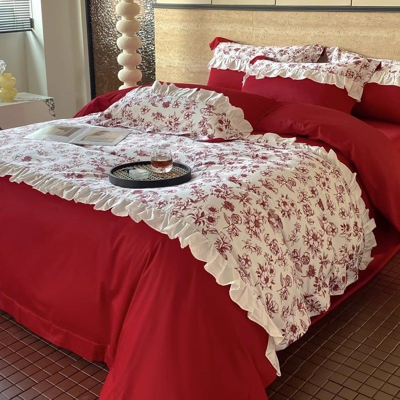 法式100支长绒棉婚庆四件套大红色喜被纯棉床单结婚床上用品婚嫁,床上用品,婚庆床品套件,淘宝优惠券,粉丝福利购,淘宝优惠卷