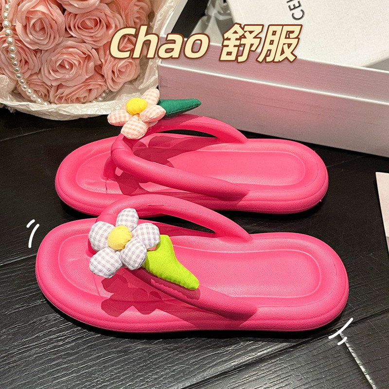 可爱花朵人字拖鞋女夏季外穿时尚防滑沙滩夹脚ins风海边厚底凉拖