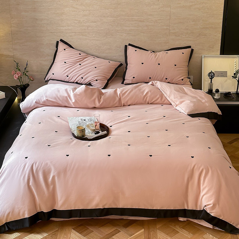 恒洽家纺全棉磨毛四件套复古桃心100s被套少女秋冬季加厚床上用品