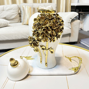 热销欧式 轻奢陶瓷手工客厅摆件将军瓶电镀金色插花花瓶样板房玄关