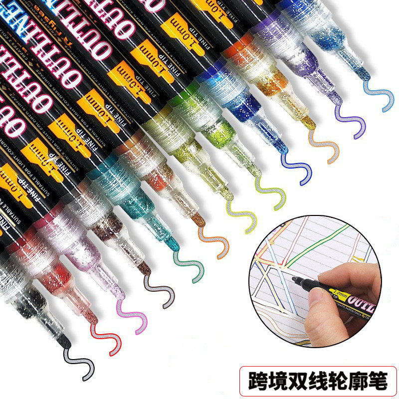 爆款双线轮廓笔圣诞节涂鸦手帐DIY贺卡学生绘画银底双色马克笔