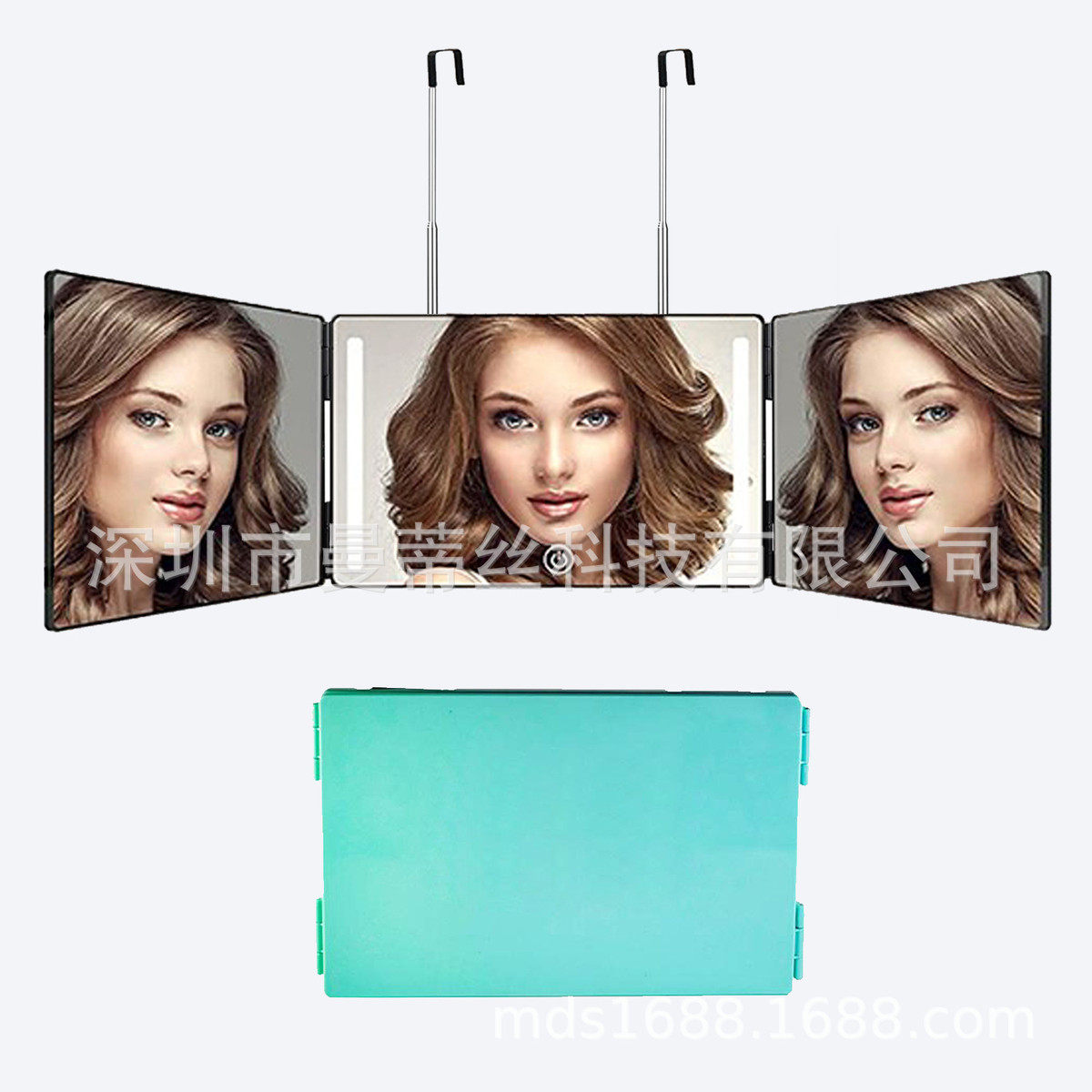 led镜三面可伸缩悬挂带灯化妆镜男士三折理发镜折叠化妆镜