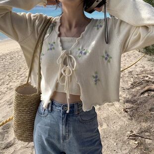 现货温柔风春夏薄款 吊带两件 毛衣女新款 防晒衣甜美系带针织开衫