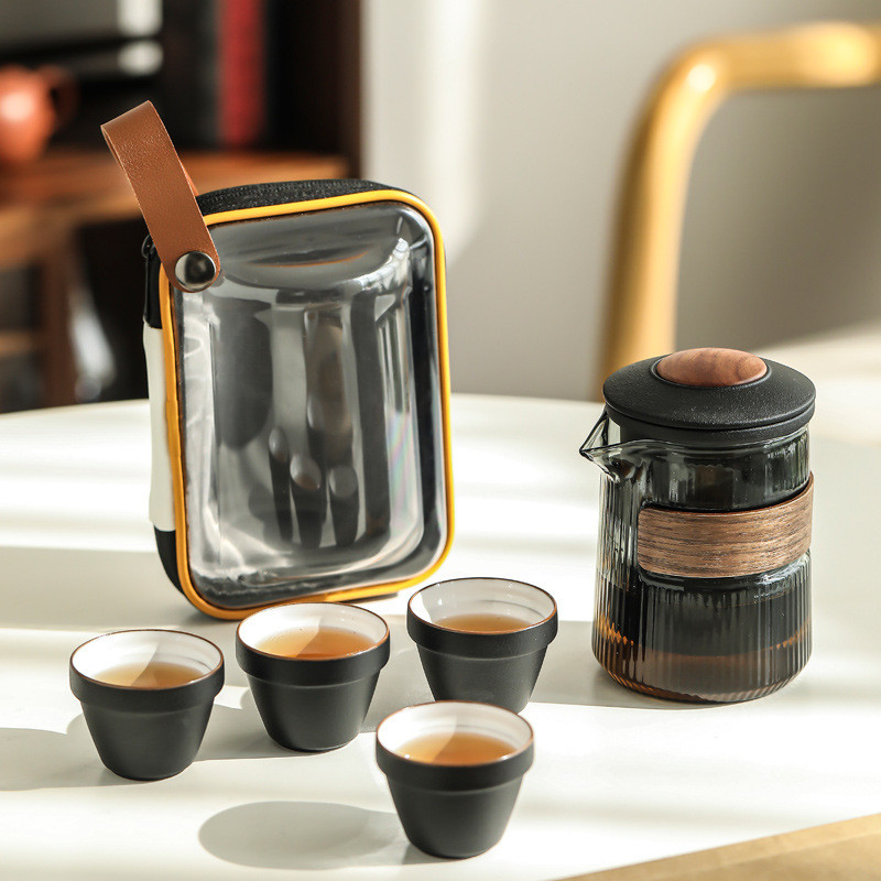 旅行茶具套装便携式包玻璃快客杯一壶四杯户外车载茶杯陶瓷品茗杯
