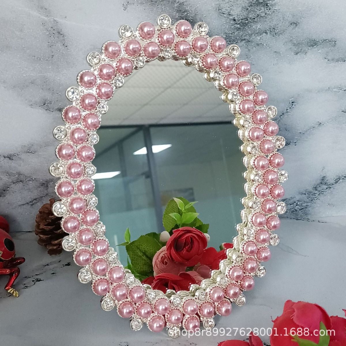 新款梳妆镜镶嵌珍珠化妆镜,梳妆镜田园金属台式时尚复古双面梳妆