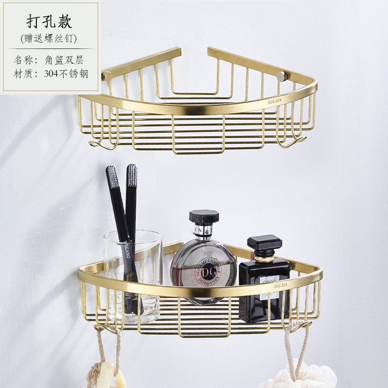 304不锈钢转角金色三角置物篮 双层拉丝网篮卫生间挂钩式置物架子
