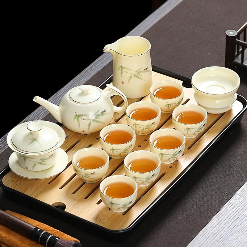 羊脂玉功夫茶具套装家用干泡小茶盘陶瓷茶杯办公室高档中式泡茶器