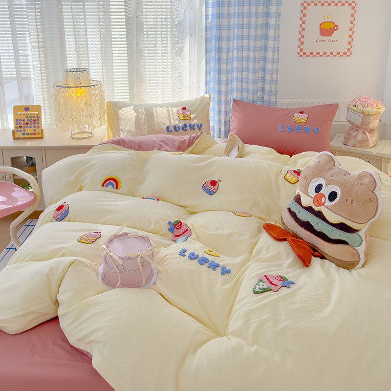 纯色宿舍水洗棉生日派对绣花四件套床单被罩床笠款可爱床品三件套