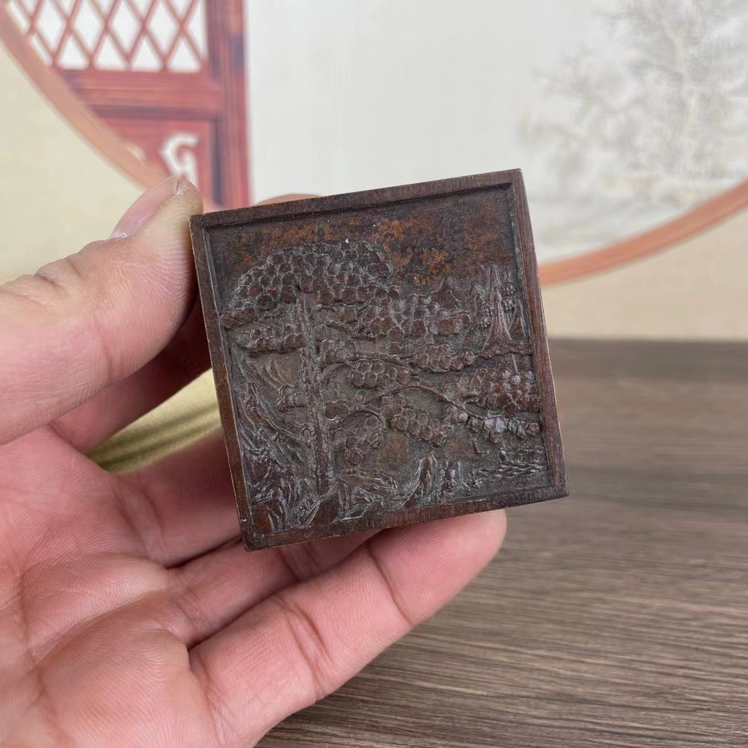 古玩铜器收藏合金小墨盒墨匣老铜文房四宝书法用具桌面摆件印泥盒