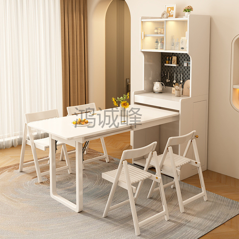 hc奶油风实木餐桌折叠伸缩小户型家用饭桌隐形收纳餐边柜多功能桌