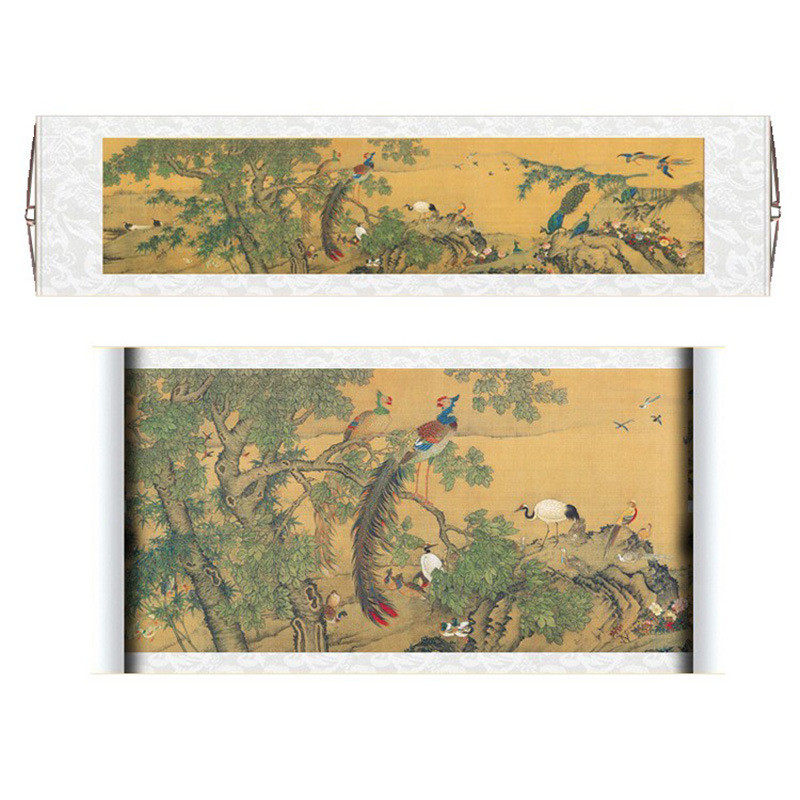 百鸟朝凤挂画花鸟孔雀画国画书画传世字画横幅装饰画丝绸画卷轴古