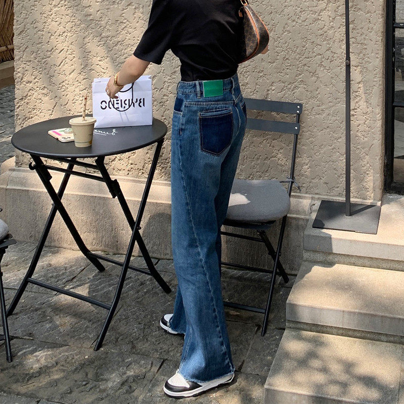 大码胖妹妹mm毛边蓝色牛仔直筒春秋宽松显瘦拖地裤200斤