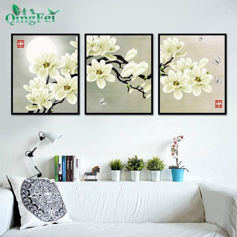 热销白玉兰飞精准印花十字绣霓裳仙子青花卉三联画客厅卧室花草