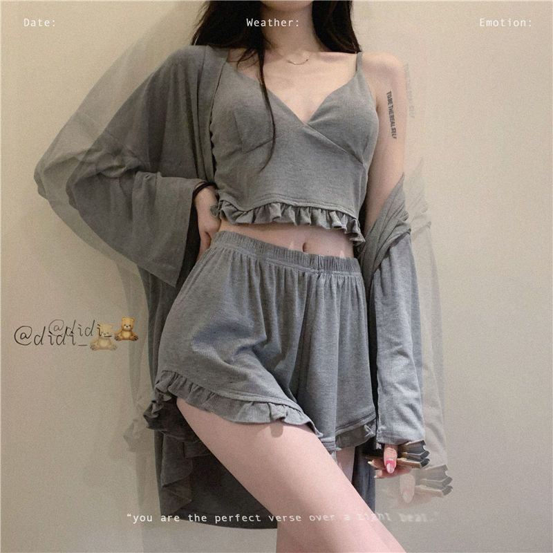 新品带胸垫性感睡衣套装女短款木耳边辣妹吊带+设计感宽松舒适五