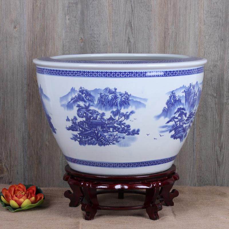 景德镇陶瓷鱼缸批发新款青花山水乌龟碗莲缸画卷缸室内装饰品摆