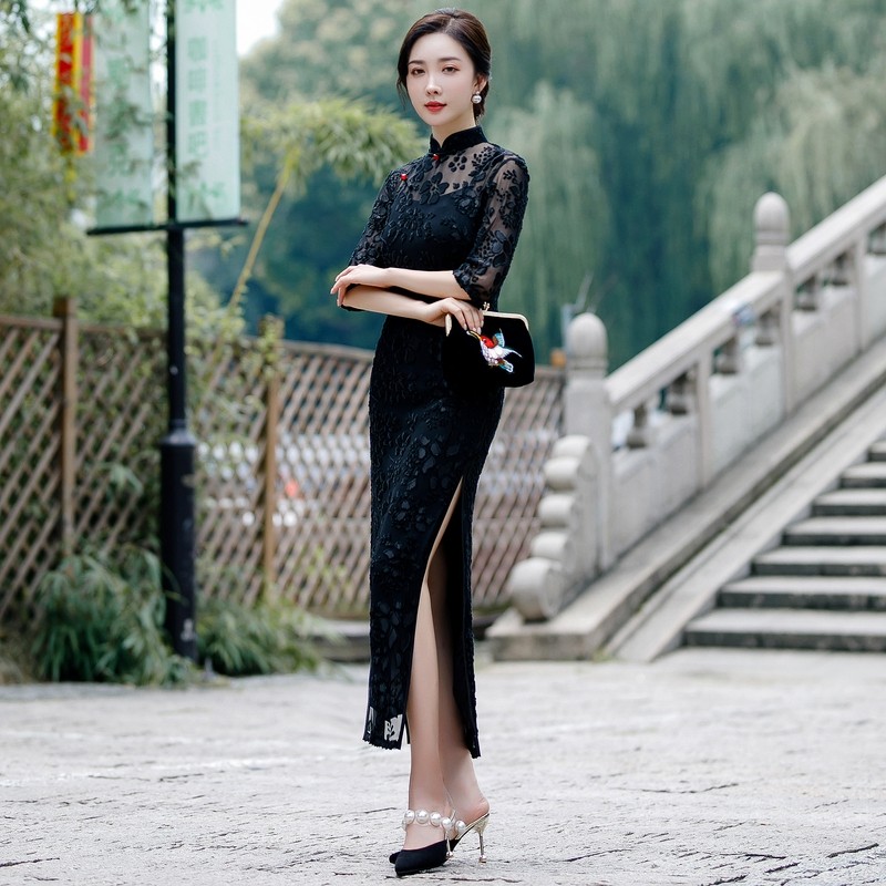 轻奢高货高档长款七分袖改良版植绒旗袍修身女黑色中国风老上海日